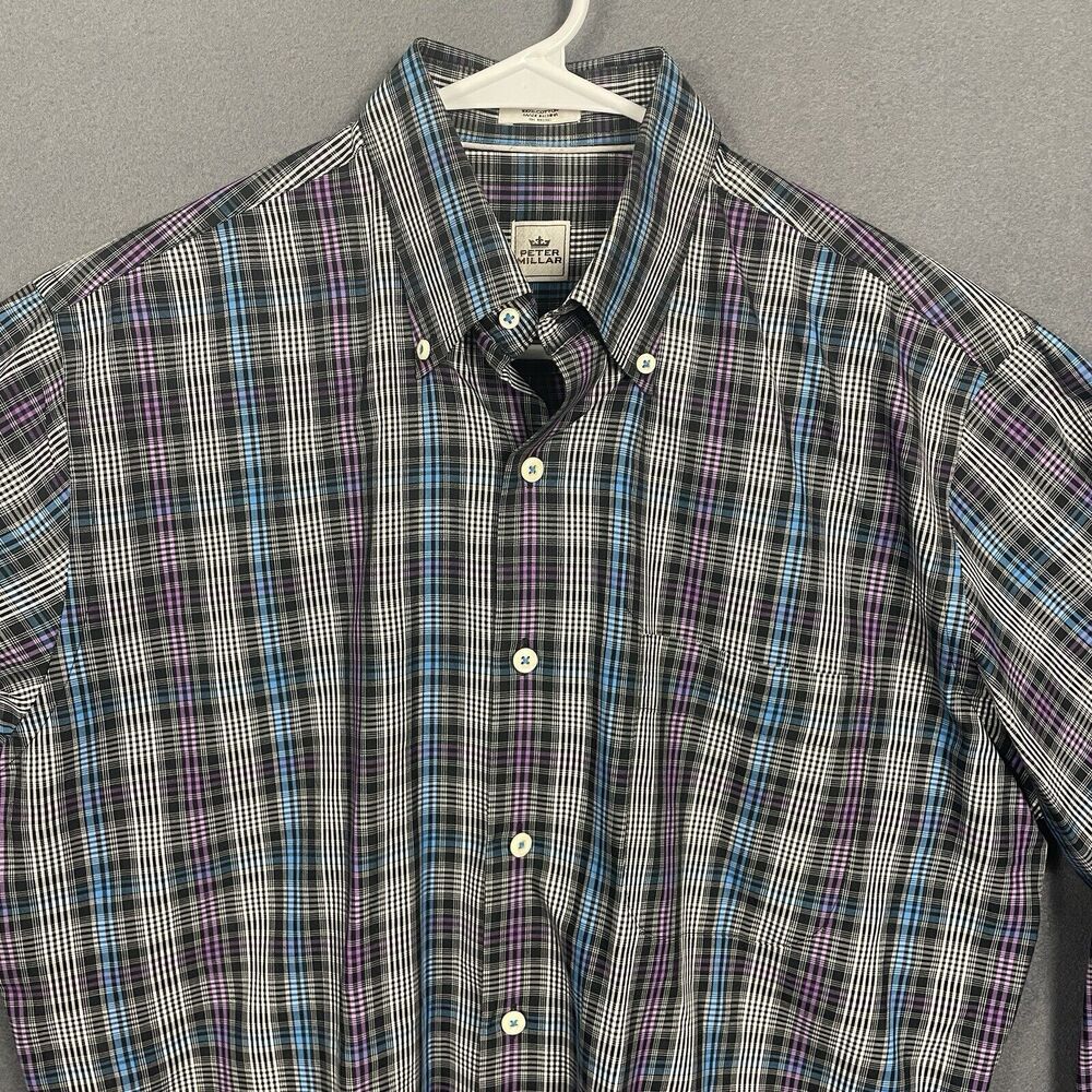 Peter Millar Button Down Men Shirt M Plaid Long Sleeve Purple Blue Cotton Preppy - Picture 2 of 14